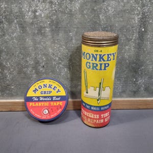 May include: Two vintage cans of Monkey Grip tire repair kit. The smaller can is blue and yellow and says "The World's Best Plastic Tape" and "3/4 in. wide 60 feet long". The larger can is yellow and says "OR-4 Monkey Grip" and "Tubeless Tire Plug Repair Kit".