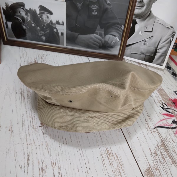 Military Uniform Khaki Beret Cap Hat | Vintage 1948 Cotton Twill Size 7 | Historic US Militaria USA Sherr Bros Mfg Co