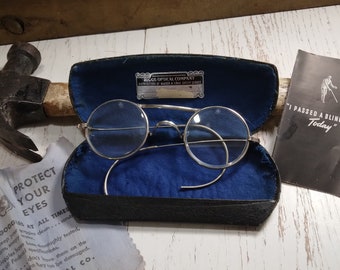 Wire Frame Steampunk Safety Glasses w/Case & Inserts | Vintage AO Co 72 Eyeglasses Spectacles Silver Round Metal Frames, Temples