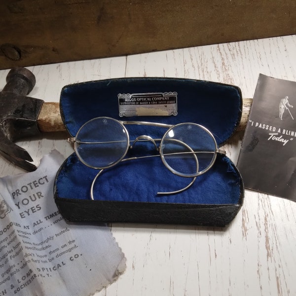 Wire Frame Steampunk Safety Glasses w/Case & Inserts | Vintage AO Co 72 Eyeglasses Spectacles Silver Round Metal Frames, Temples