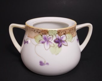 Purple Violet Floral Sugar Bowl with 2 Handles and NO LID | Vintage Nippon Japan Green Crown | Antique Tea Time Serveware
