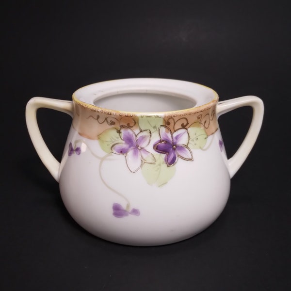 Purple Violet Floral Sugar Bowl with 2 Handles and NO LID | Vintage Nippon Japan Green Crown | Antique Tea Time Serveware