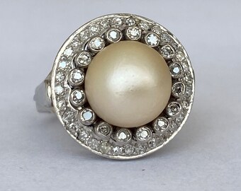 Original Later Art Deco Platinum Cocktail Ring with Diamonds and a pearl