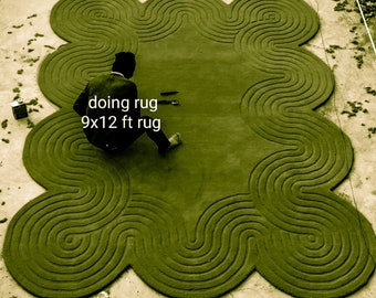Minimalist modern abstract green rug irregular rug high low 100%wool area rug for living room, bedroom,hall,dining,office gift home decor