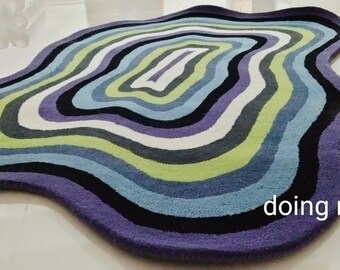 Irregular shape rug,designer purple blue green rug,100% newzealand wool area rug for living room,bedroom,hall kitchen,office,gift ,homedecor