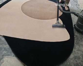 Kidney Shape Wool Rug, Black & Brown, Handmade Designer Rug