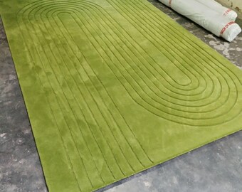 Hand Tufted New Zealand Wool Rug, Green Modern Design, Soft Pile Home Decor