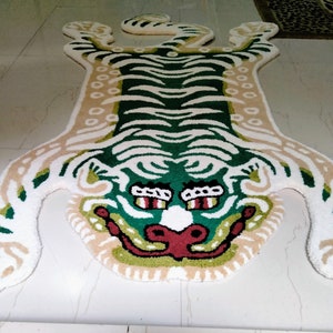 Green Tibetan tiger tufted rug,tiger rug animal print rug for kids room rug,living room,bedroom and kids decor home decor