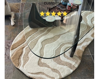 Nierenform unregelmäßiger Teppich, Beige weißer neutraler Teppich, hochwertiger Neuseeland Wollteppich, handgemachter Designer-Teppich für Wohnzimmer, Schlafzimmer