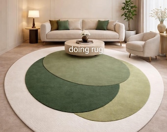 Modern Green Circle Embossed Rug | Minimalist Abstract Area Rug | Earth Tone Living Room Carpet | Soft Luxury Oval Round Rug