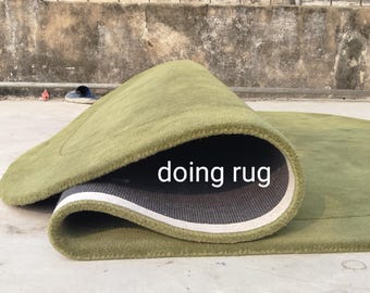 Olive Green Abstract Tufted Wool Rug, Irregular Modern Area Carpet