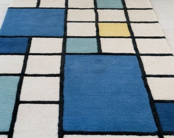 Blue/white geometric wool rug, designer handtufted area rug, extra soft newzealand wool tufted rug for lounge hall, living room, bedroom