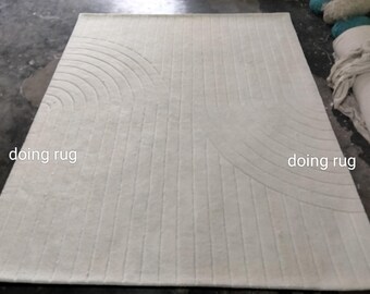 Ivory Hand-Tufted Wool Rug: New Zealand Wool Area Carpet, Living Room Decor