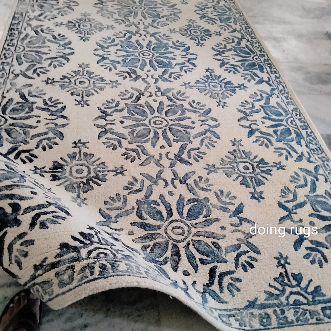 Modern Abstract Ivory Rug Blue Texture Area Rug Premium Etsy