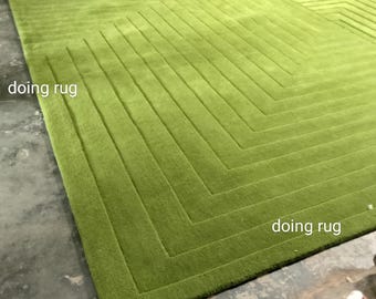 Green Handtufted Wool Rug, Modern Abstract High Low Soft Area Rug