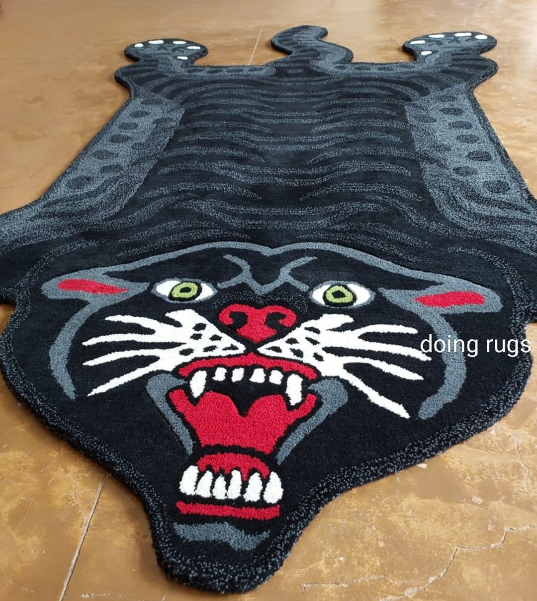 Black Panther Handtufted Rug, Angry Black Panther Rug, Handmade Panther ...