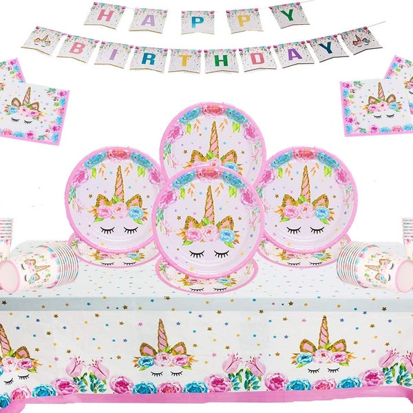 Unicorn Party Supplies Kids Birthday Party  Plates Cups Napkins Tablecloth Paper Banner-Serve 16 Guests