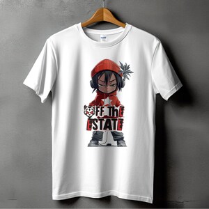Off the Estate T-shirt, urban streetwear, cartoon graphic T-shirt, AI Art, Roclla Media, cadeau muziekliefhebber, rode beaniemode, T-shirt uniseks