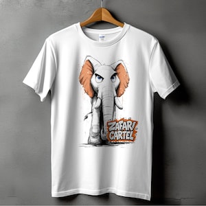 T-shirt cartoon olifant, T-shirt dieren, shirt Zafar-kartel, T-shirt uniek ontwerp, cool T-shirt, cool grafisch T-shirt, handgetekende kunstshirt