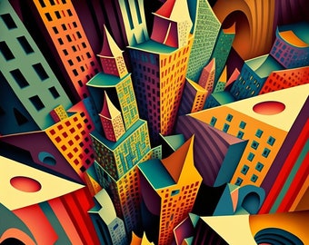 Experience the magic of New York City with our vibrant MC Escher-inspired cityscape artwork (3)
