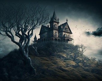 Midnight Terror: A Gothic Haunted House, goth horror haunted house, landscape format, digital print file