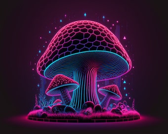 Neon Dreams: Blacklight Mushroom Digital Art Print File