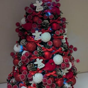 Christmas Tree Decorated - Table Top Tree- With Red Cardinals and  White Angels - White  Multi Function Led Lights With Remote and Batteries