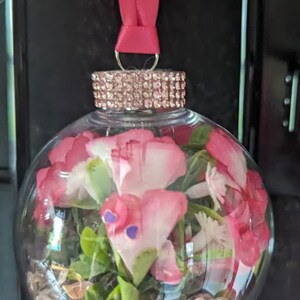 Pink Floral Hand Filled Ornaments With Crystal Ribbon Wrap and A Pink Ribbon on each Hanger