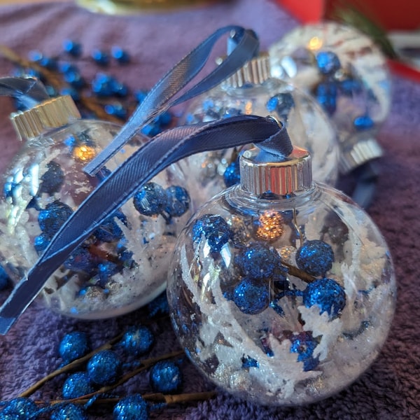 Holiday Ornaments Filled with Glittery Blue Berries,White Glitter Fern, Silver Glitter Foam Pebbles, Iridescent Snow ,With Blue Ribbon!