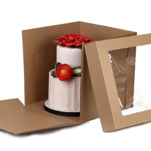 Extra Tall Window Cake Box (3 Pack) | Kraft Brown Professional Protective Delivery Cake Box for Wedding Cakes with Window. Easy Cake Removal