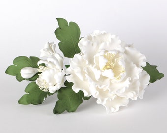 White Peony Sugar Flower Cake Topper | Assorted Size Gum Paste Flower for Cake Decorating Wedding Cakes & Birthday Cakes - 1 per box