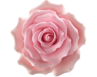 Op de afbeelding: Een enkele, lichtroze roos met een delicaat, gelaagd ontwerp. De roos is gemaakt van fondant en is perfect om taarten en cupcakes te versieren.