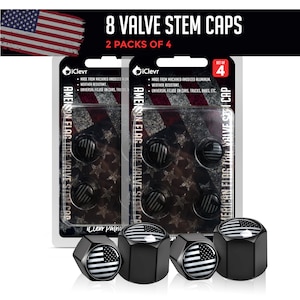 American Flag - USA Flag - Universal Tire Valve Stem Caps with Rubber O-Ring - Black, Aluminum - 2 Sets of 4 (8 pieces)