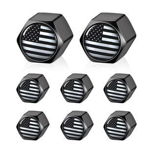 American Flag - USA Flag - Universal Tire Valve Stem Caps with Rubber O-Ring - Black, Aluminum - 2 Sets of Four