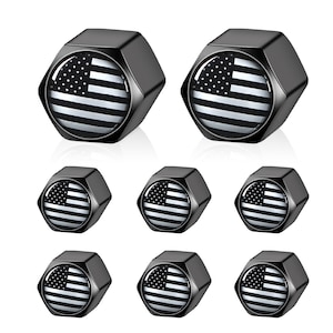 American Flag Tire Valve Stem Caps with Rubber O-Ring - Black Aluminum - 2 Sets of 4