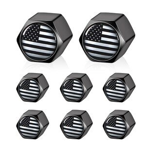 American Flag - Tire Valve Stem Caps with Rubber O-Ring - Universal Fit - Black, Aluminum - 2 Sets of Four