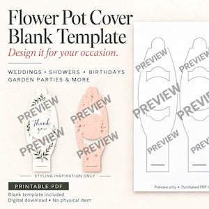 May include: A digital printable flower pot cover template featuring text that reads Flower Pot Cover Blank Template, Weddings, Showers, Birthdays, Garden Parties & More. The image displays two decorated examples and a sheet of three blank outlines.