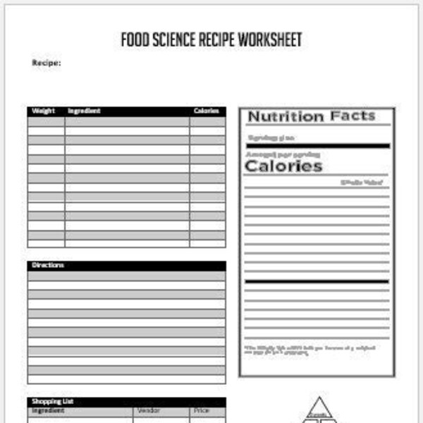 Food Science Recipe Planner Worksheet