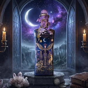 May include: A rectangular dark blue glass bottle featuring a detailed illustration of a winged figure, a fox, and a dragon. The bottle is topped with a purple crystal stopper and adorned with a gold chain and a hexagonal pendant against a night sky.