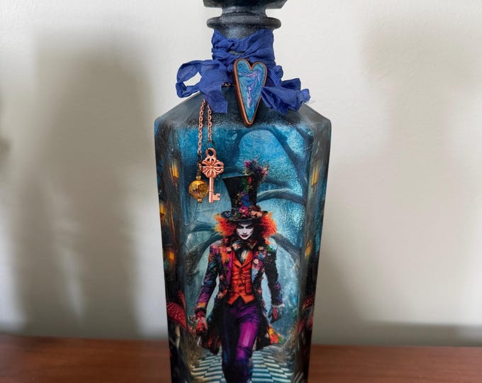 Featured listing image: Altered Art Bottle  The Mad Wanderer | Hand-Altered Vintage Bottle | Whimsical Wonderland Art | One-of-a-Kind Decor
