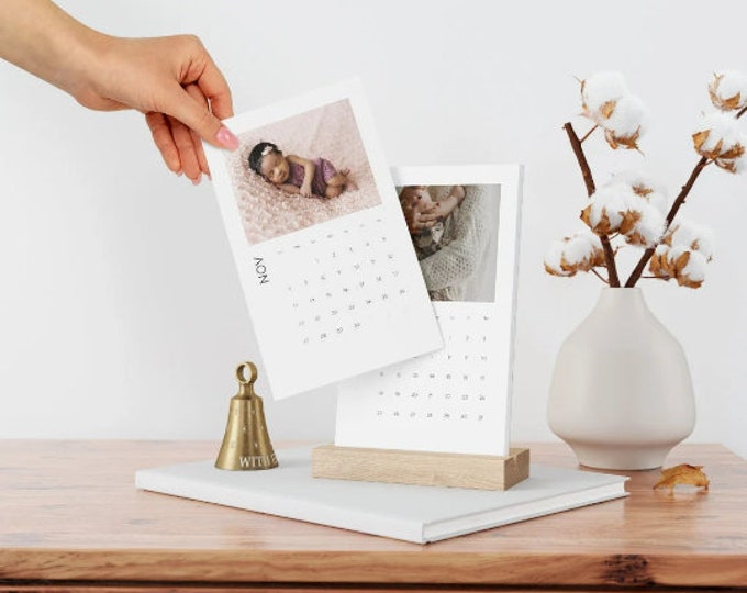 Personalized Photo Desk Calendar 2027: Vertical Display with Wood Stand
