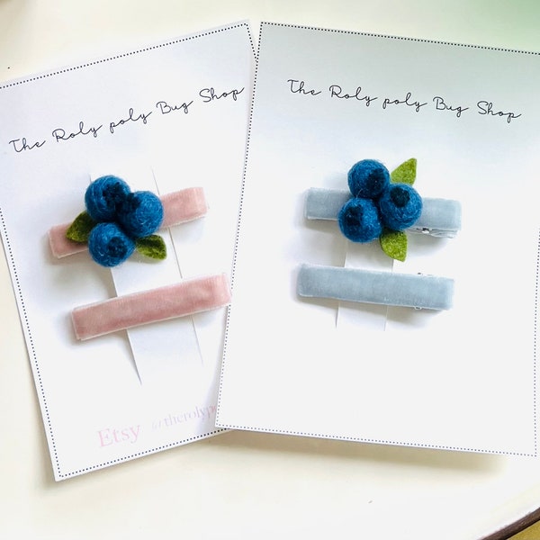 Wool felt Blueberry - 2 sets of blueberry mini hair clips of your choice, with velvet lining! Free Shipping