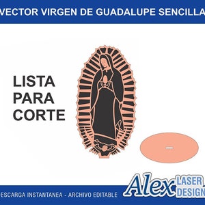 Puede incluir: Una ilustración vectorial en blanco y negro de la Virgen de Guadalupe, una figura religiosa, en un marco oval tradicional. La imagen está etiquetada como "LISTA PARA CORTE" y "DESCARGA INSTANTANEA - ARCHIVO EDITABLE".