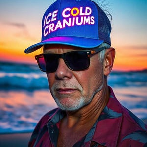 May include: A man wearing a blue and black trucker hat with the text "ICE COLD CRANIUM" in white and yellow letters. He is wearing sunglasses and a red and black patterned shirt. The background is a blurry sunset over the ocean.