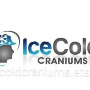 May include: A logo for a business called "Ice Cold Craniums". The logo features a gray silhouette of a person's head wearing a blue and white construction worker's hat with a snowflake on it. The text "Ice Cold" is in a blue and white gradient font and the text "Craniums" is in a gray font.