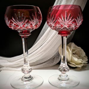 Antique Saint-Louis Crystal Cranberry Cut To Clear Hock Wine Glasses, Pair