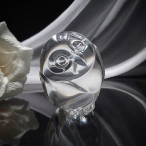 May include: A clear, glass owl figurine with detailed facial features, including large, round eyes and a beak. The owl is positioned on a reflective surface, with a soft, white fabric and a white flower in the background.