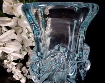Daum France Crystal Art Glass Vase - Light Aqua Blue, Waves
