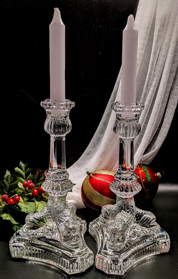 Tiffany & Co Crystal Baroque Dolphin 8-1/4-inch Candlesticks, Pair