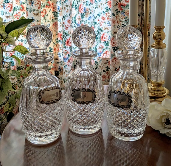 Vintage Waterford Crystal Colleen Spirits Decanters With Sterling Silver Tags, Set Of 3